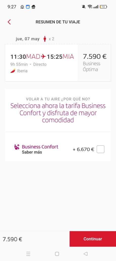 reservar business class Madrid Miami con Avios en Iberia