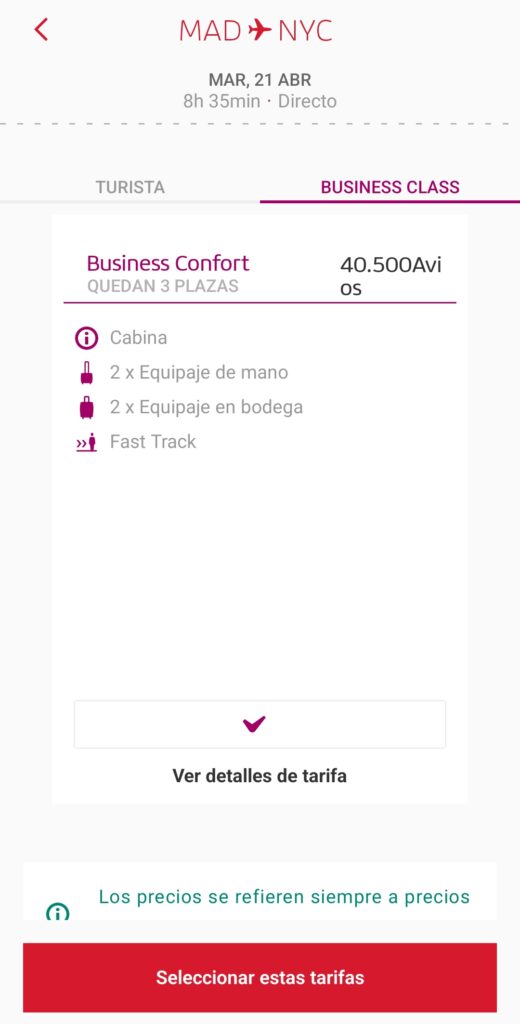 Iberia business class Madrid Nueva York 40.500 Avios 