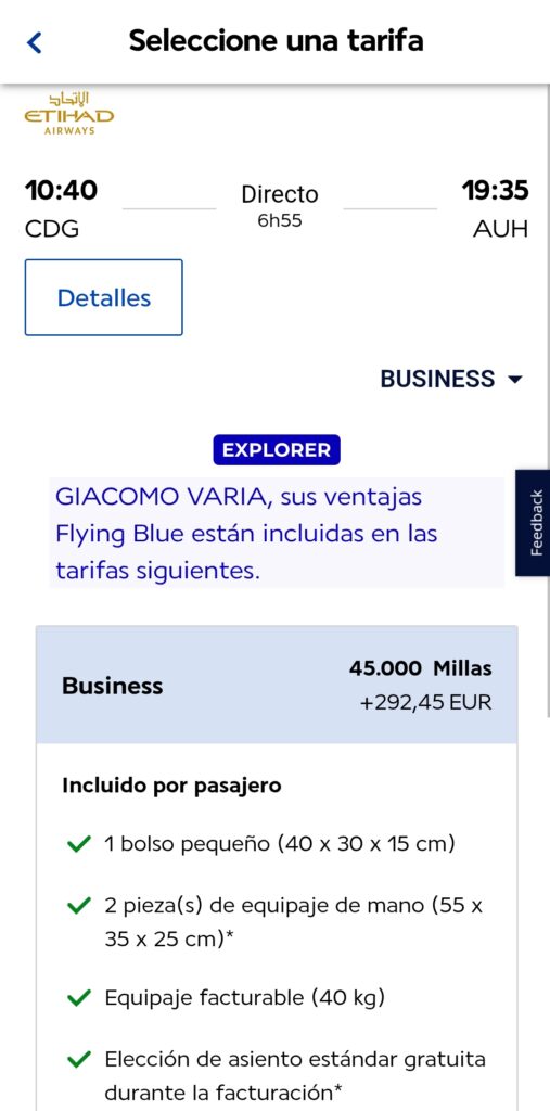 Vuelo con la compra de millas de Flying Blue, Air France y KLM (Eithad Airways)