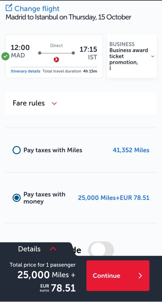 Turkish airlines billete premio Madrid-istanbul 25.000 puntos business class 
