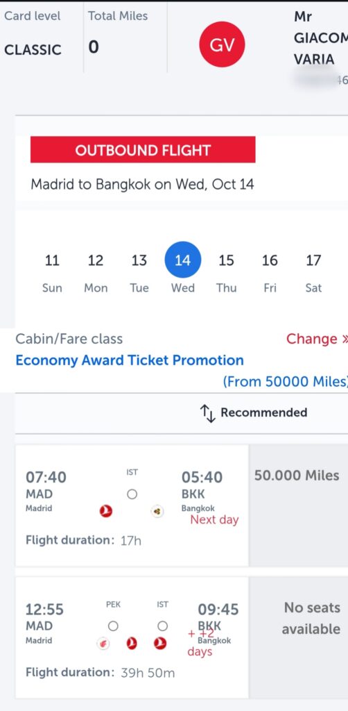 Madrid-Bangkok economy class turkish airlines 50.000 puntos 