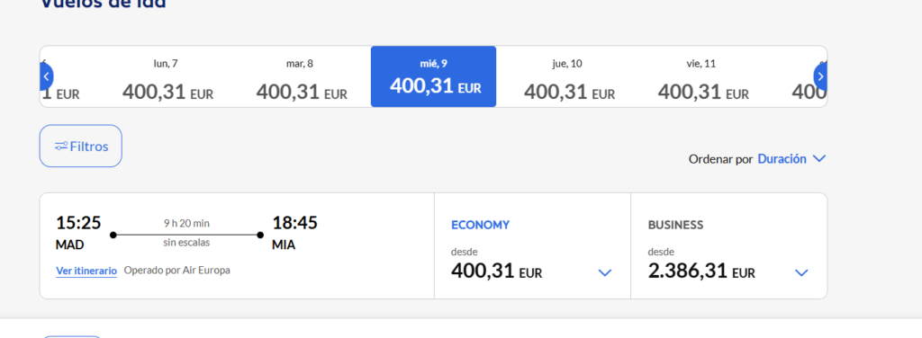 Air Euopa business class precio Madris-Miami